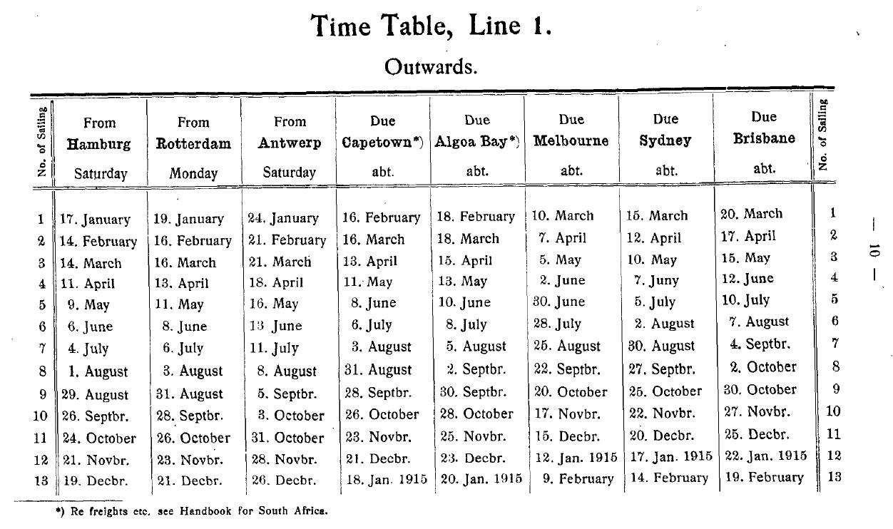 German Australian Line, timetable 1914 outwards