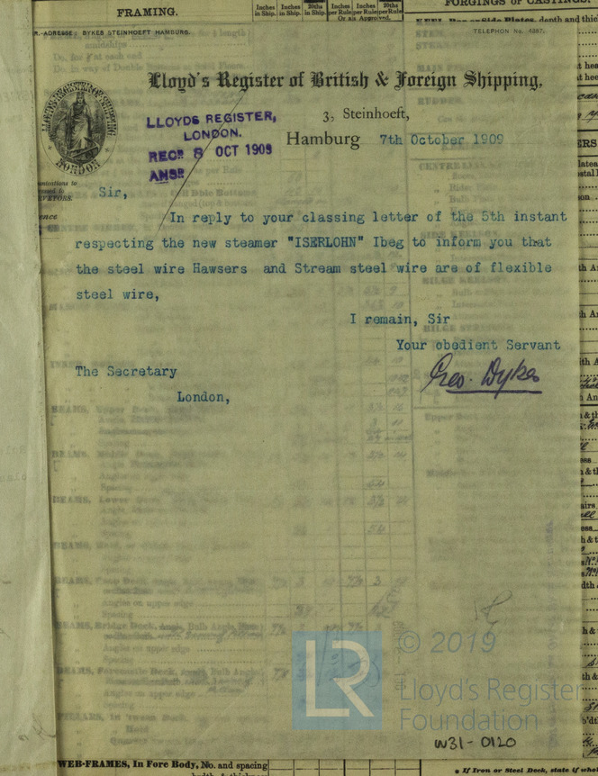 Lloyd's Register, Klassifikation, Iserlohn, 1909