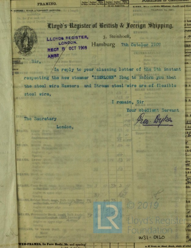 Lloyd's Register, Klassifikation, Iserlohn, 1909