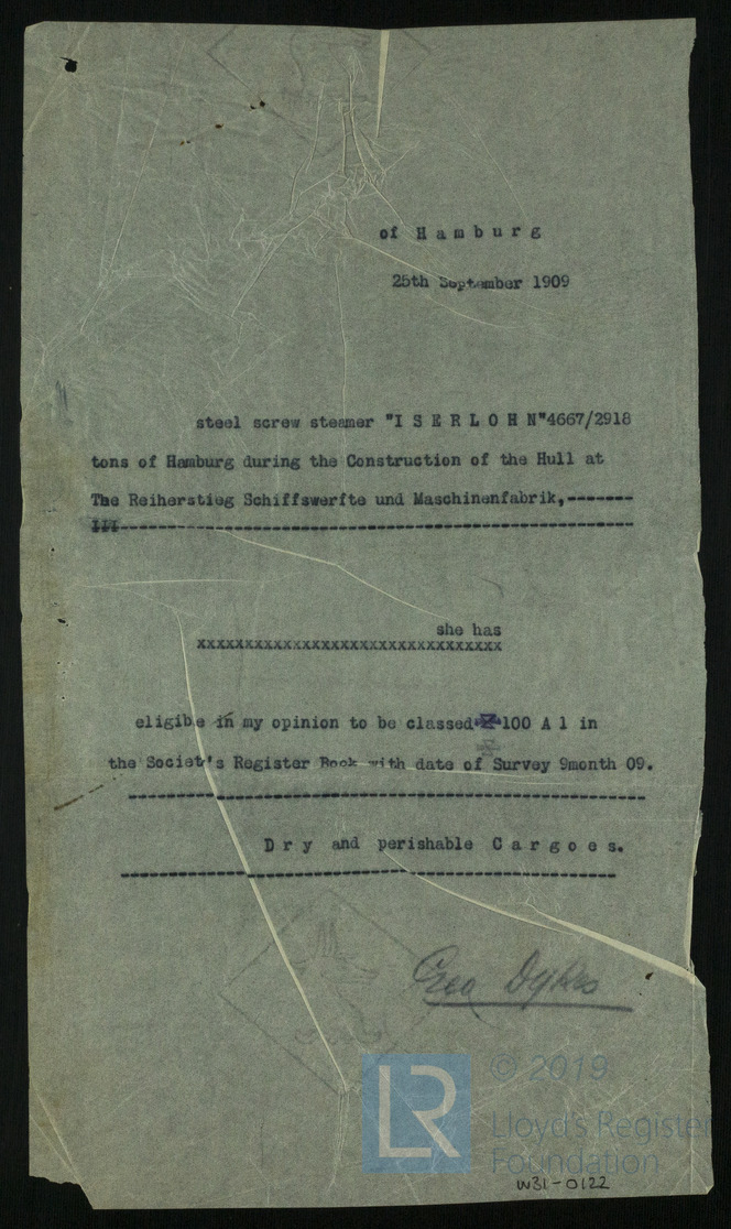 Lloyd's Register, Klassifikation, Iserlohn 1909