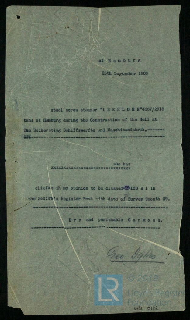 Lloyd's Register, Klassifikation, Iserlohn 1909