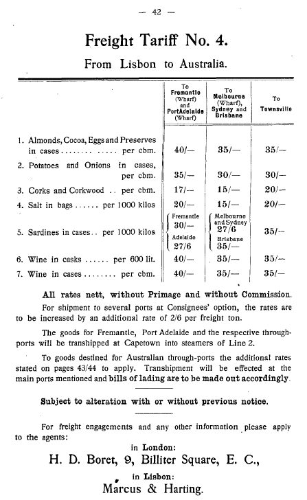 freight tariff, Lisbon, Australia, 1914