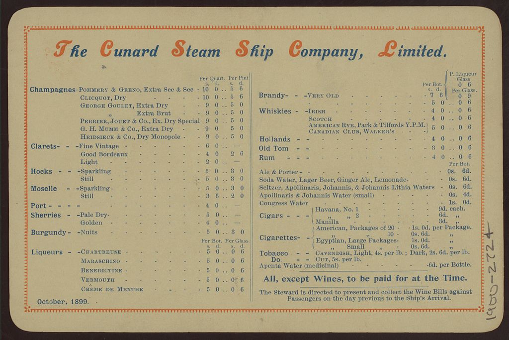 RMS Lucania menu October 1899