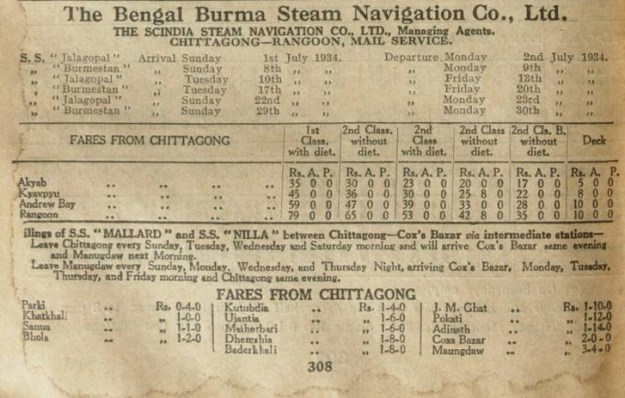 Bengal Burma Steam Navigation Co. timetable 1934