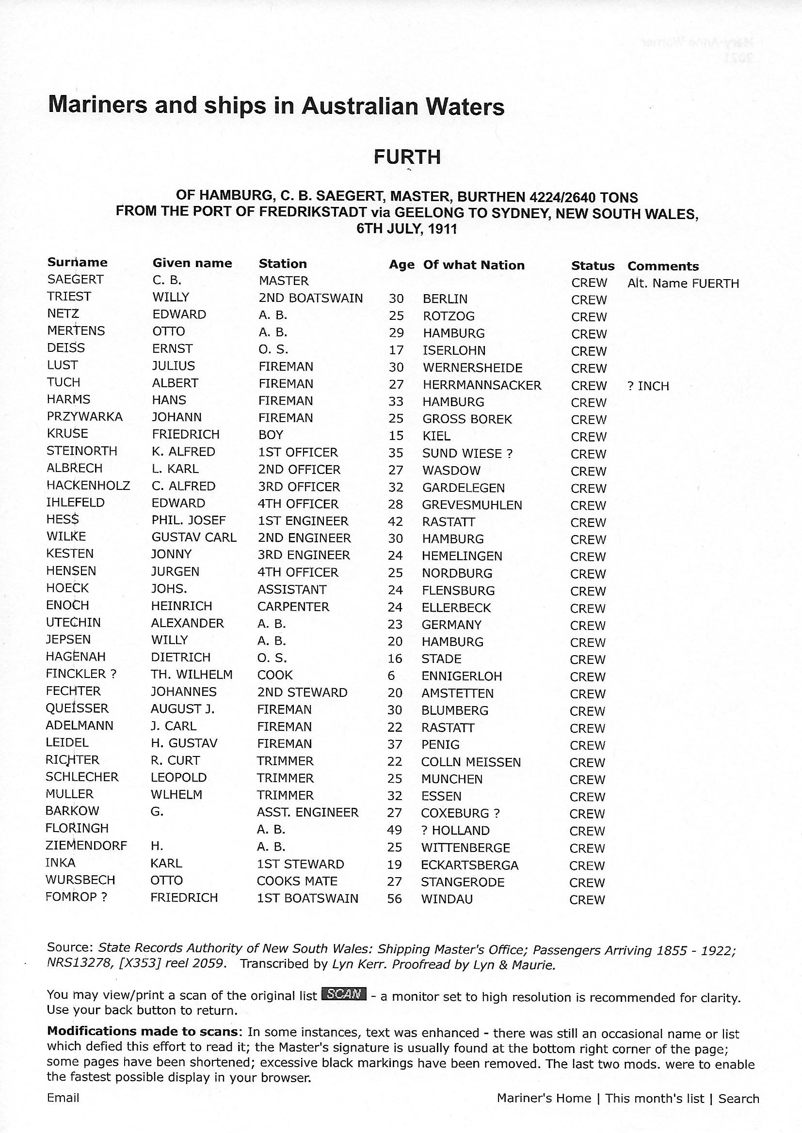 crew list Fuerth, Sydney, July 6th, 1911