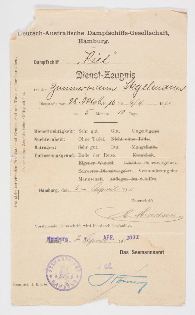 Stegelmann Steglman work certificate 1910