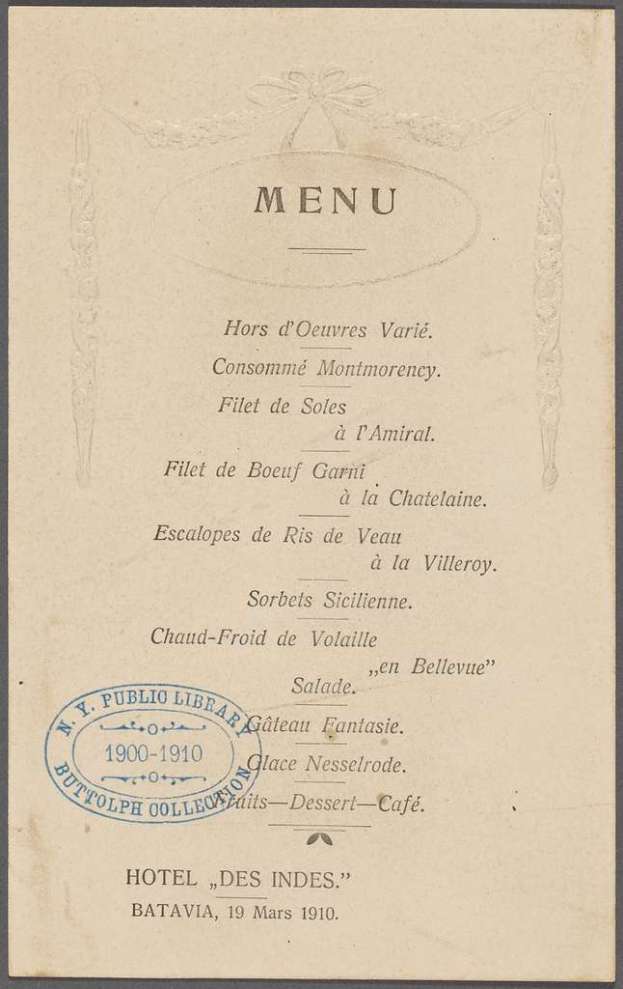 menu, hotel des indes, 1910
