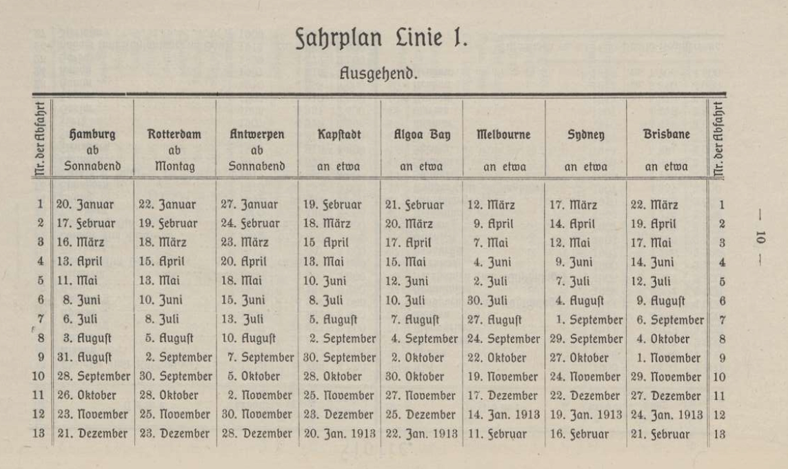 timetable German Australian Line 1912