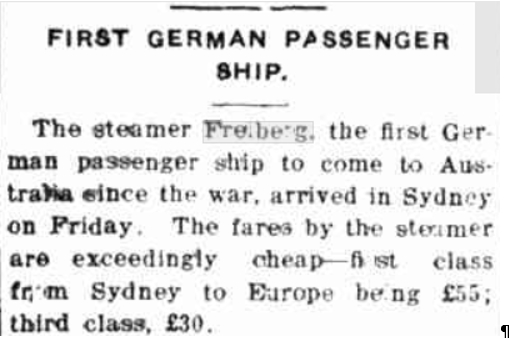 Freiburg, first German passenger ship to Australia 1923