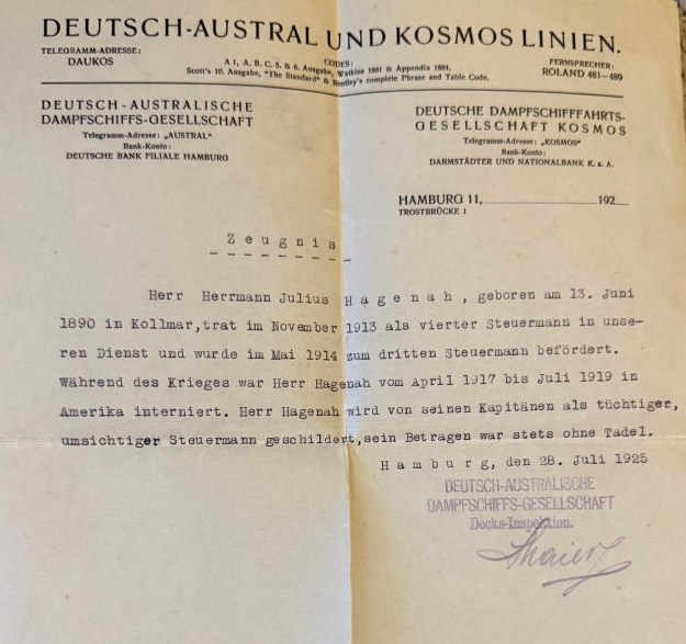 Zeugnis der Deutsch-Austral und Kosmos Linien für Hermann Julius Hagenah vom 28. Juli 1925; Wiedergabe mit freundlicher Genehmigung der Familie