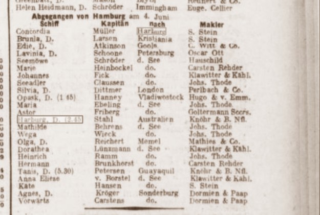 „Harburg“, abgegangen von Hamburg am 4. Juni 1914 um 2.45 Uhr; Quelle: Hamburgischer Correspondent und neue hamburgische Börsenhalle vom 5. Juni 1914; Quelle: europeana.eu