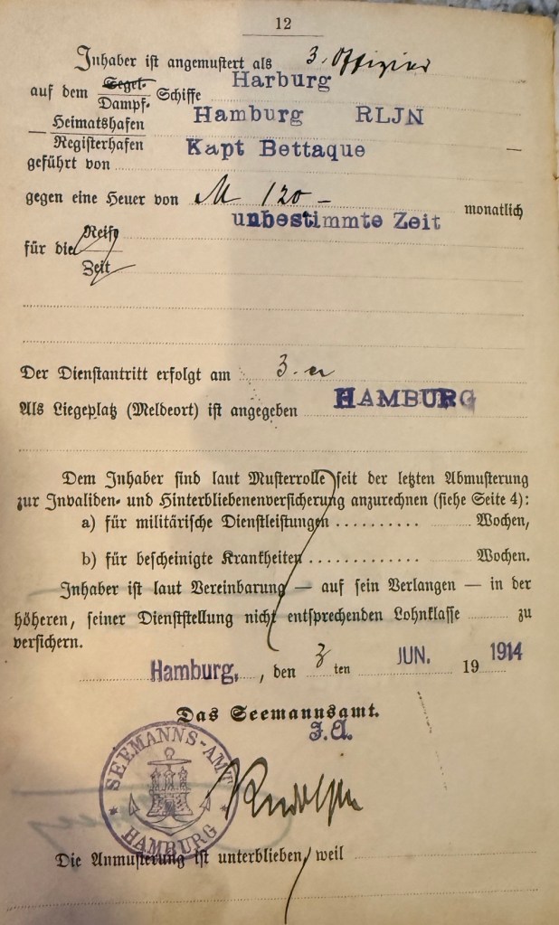 Seefahrtsbuch von Julius Hagenah, Seite 12, Anmusterung als dritter Offizier auf dem Frachtdampfer „Harburg“ am 3. Juni 1914; in Privatbesitz, mit freundlicher Genehmigung der Familie